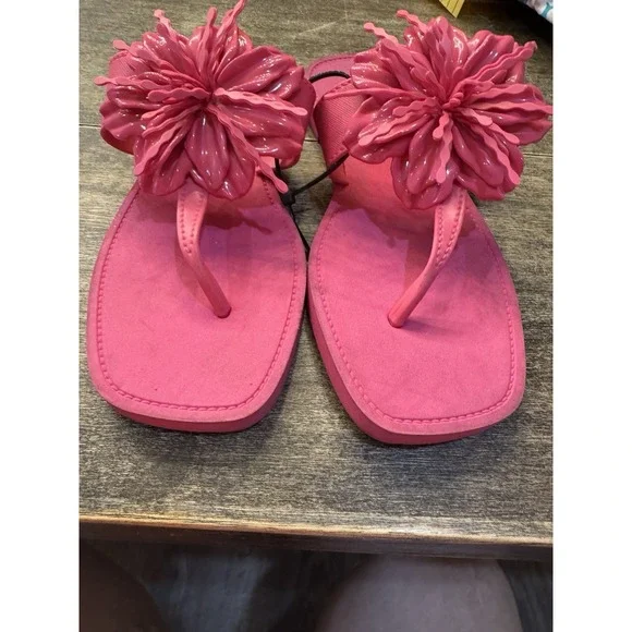 LARROUDE Hibiscus‎ Pink Floral Flip Flop Sandals Size 6/7 3D - Picture 5 of 9